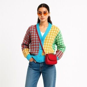 Women’s Vintage Zara Multicolor Houndstooth Sweater Cardigan Medium
